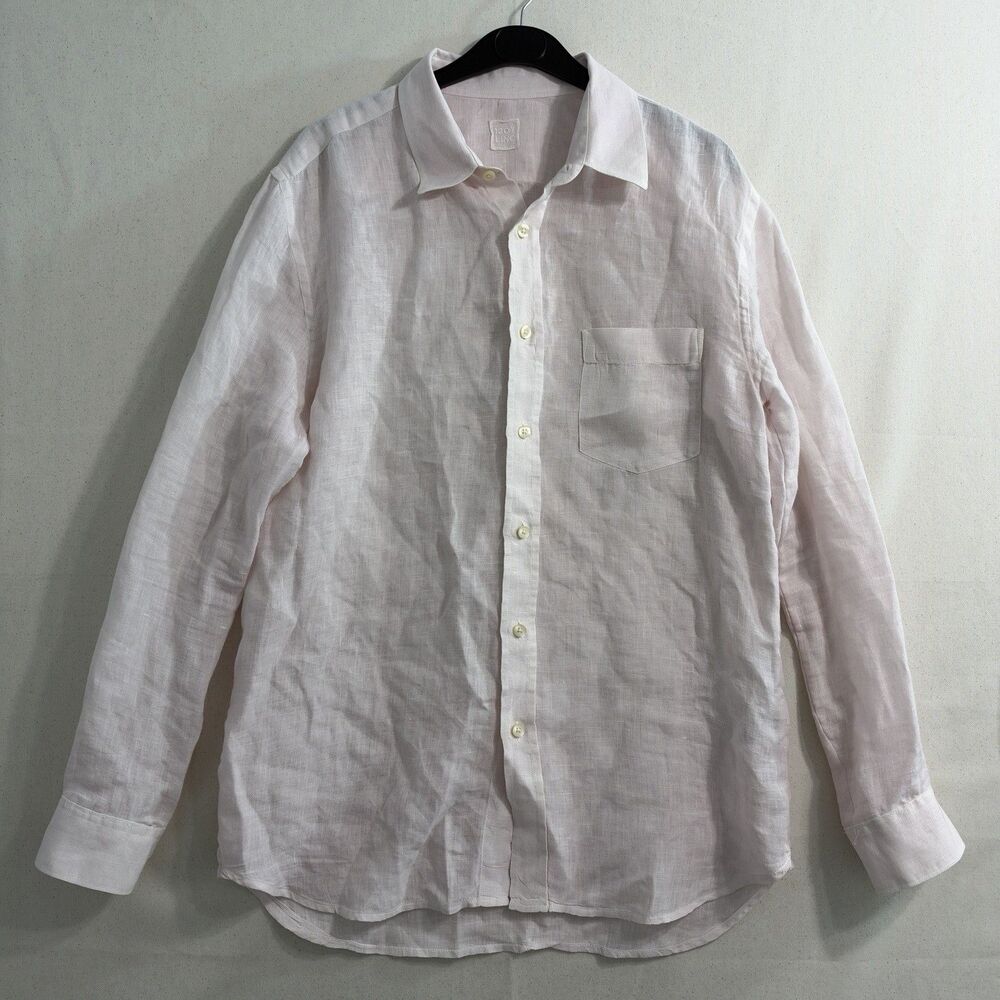120% Lino Pink Button Up Linen Long Sleeve Collared Men's Casual Shirt Size M